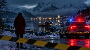 Auto della polizia con sirene accese davanti a un villaggio nordico innevato sul fiordo
