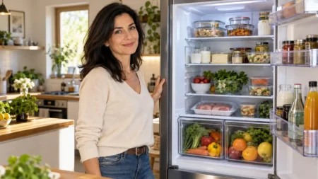 Donna con capelli neri mostra un frigorifero aperto con gli alimenti disposti sui ripiani e nei cassetti.v