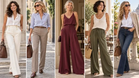 Pantaloni dopo i 50 anni, i modelli che slanciano quando il punto vita cambia. Donne over 50 con diversi modelli di pantaloni eleganti e comodi