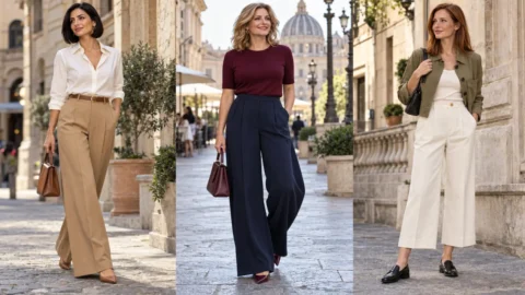 Pantaloni larghi dopo i 40 anni, come scegliere lunghezza e scarpe per slanciare la figura Tre donne indossano pantaloni larghi color cammello, blu navy ed écru, abbinati a décolleté a punta e mocassini.