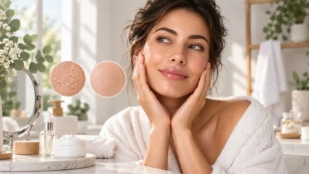 Donna durante la skincare con confronto tra pelle secca e pelle idratata