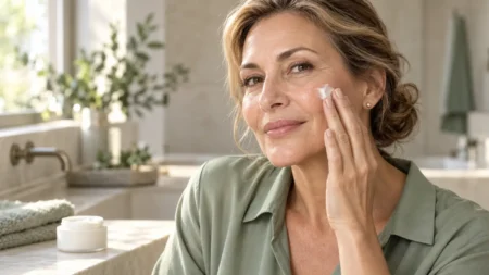 Donna con capelli biondi raccolti applica una piccola quantità di crema sulla guancia in un bagno luminoso.