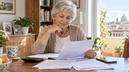 Pensionata controlla i documenti della pensione e la possibile maggiorazione sociale