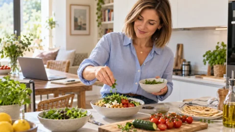 Pranzi veloci per chi lavora da casa, idee semplici per staccare dal computer senza perdere un’ora in cucina Donna che prepara un pranzo veloce mentre lavora da casa