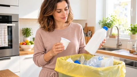 Dove si buttano la bottiglia del latte e il vasetto dello yogurt, gli errori più comuni nella raccolta della plastica Donna con bottiglia del latte e vasetto dello yogurt durante la raccolta differenziata della plastica