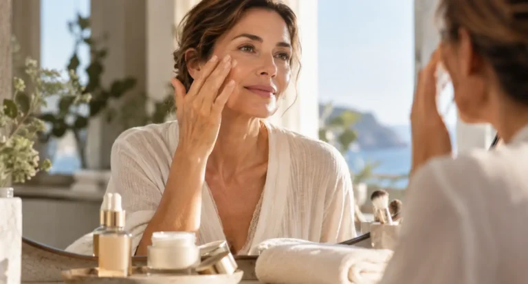 Retinolo a settembre, gli errori da evitare quando la pelle è ancora stressata Donna applica il retinolo nella skincare dopo l’estate
