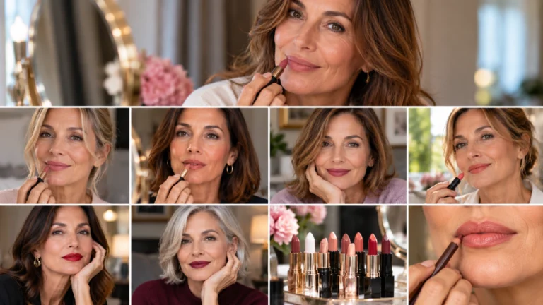 Rossetto dopo i 50 anni, i colori che illuminano il viso senza indurire i lineamenti Collage beauty con donne over 50 che indossano rossetti in tonalità nude, rosa, malva, rosso e berry