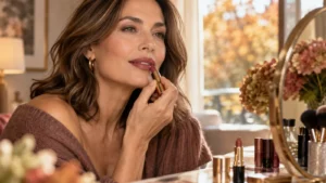 Donna applica un rossetto rosa malva davanti allo specchio a settembre