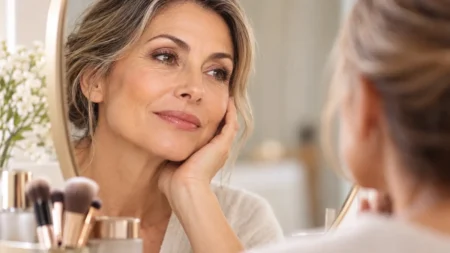 Donna dopo i 50 anni davanti allo specchio con trucco naturale sul contorno occhi