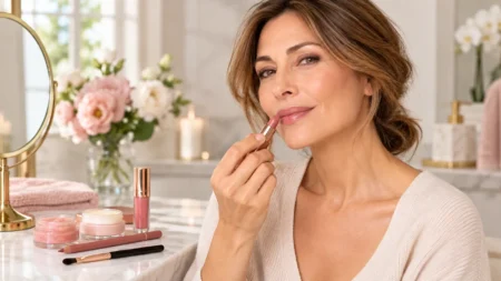 Labbra sottili dopo i 40 anni, come usare rossetto e matita senza disegnare un contorno artificiale Trucco labbra sottili dopo i 40 anni con rossetto nude satinato
