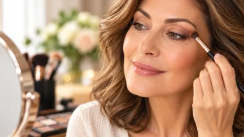 Trucco occhi dopo i 50 anni, gli errori con eyeliner e ombretto che appesantiscono la palpebra Donna di circa 50 anni applica un ombretto neutro sulla palpebra con un pennello da make-up