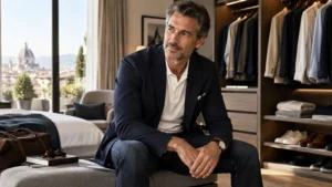 Uomo di 50 anni con blazer blu, polo chiara e jeans in un ambiente elegante con guardaroba
