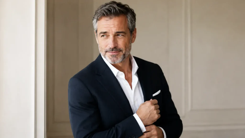 Uomo di circa 50 anni con capelli brizzolati e barba corta in abito elegante Costume Uomo di circa 50 anni con capelli brizzolati e barba corta in abito elegante