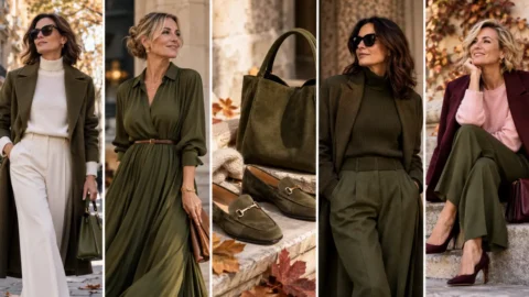 Come indossare il verde oliva dopo i 40 anni, gli abbinamenti che rendono il look autunnale più elegante Donna dopo i 40 anni con outfit verde oliva, abito, capospalla e accessori per l’autunno