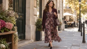 Donna over 40 con vestito a fiori, blazer bordeaux e mocassini per un look elegante di settembre