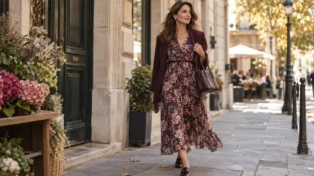 Donna over 40 con vestito a fiori, blazer bordeaux e mocassini per un look elegante di settembre