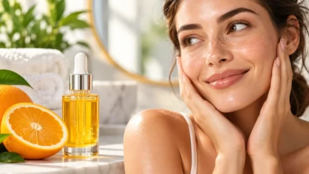Donna con pelle luminosa accanto a un siero alla vitamina C e arance