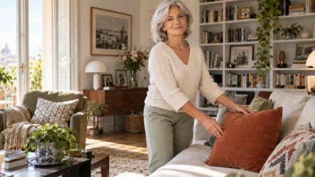 Vivere da sola dopo i 60 anni, come organizzare casa per sentirsi più libera e indipendente Donna dopo i 60 anni sistema il soggiorno di casa per renderlo più comodo e adatto alla vita da sola