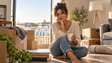 Vivere da soli costa più di quanto sembra, tutte le spese di casa che non puoi dividere con nessuno Donna sorridente nella nuova casa tra scatoloni mentre riflette sulle spese del vivere da soli