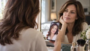 Donna confronta il proprio volto reale con una versione filtrata sullo smartphone