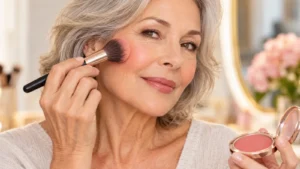 Blush dopo i 60 anni, dove applicarlo per illuminare il viso senza appesantirlo Donna over 60 applica il blush sugli zigomi con un pennello da trucco