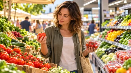 Frutta e verdura al mercato o al supermercato? Come capire dove conviene davvero fare la spesa Donna confronta pomodori freschi sfusi e confezionati per valutare la convenienza tra mercato e supermercato.