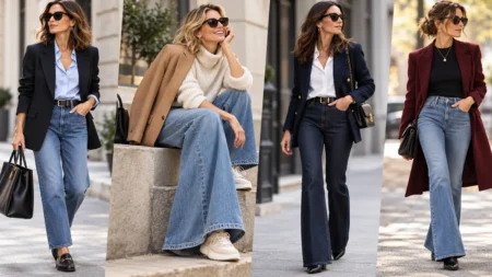 Jeans dopo i 40 anni, quali rendono il look più moderno senza sembrare troppo casual Donne over 40 con jeans dritti, wide leg e flare abbinati a blazer, maglie e accessori eleganti