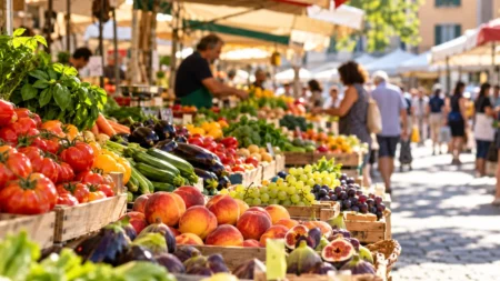 Mercatini rionali, cosa conviene comprare davvero e quando andare per trovare i prodotti migliori Mercato rionale con banchi di frutta e verdura fresca e persone durante la spesa