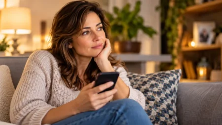 Donna con smartphone in mano riflette sulla reciprocità di un'amicizia e sull'abitudine di essere sempre lei a chiamare.