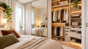 Camera da letto piccola, dove mettere l’armadio quando lo spazio sembra non bastare Armadio con ante scorrevoli e specchio in una camera da letto piccola arredata con soluzioni salvaspazio