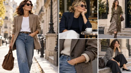 Donna over 40 con blazer abbinato a jeans, pantaloni ampi e abito in diversi look casual eleganti