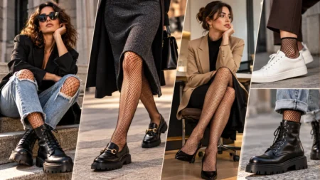 Calze a rete nere abbinate a jeans, gonne midi, mocassini, anfibi e sneakers per creare outfit femminili eleganti e contemporanei