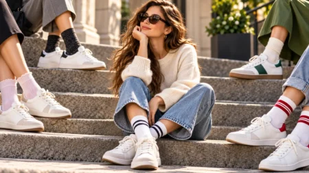 Con le sneakers i calzini ora si mostrano: come abbinarli per un look davvero chic Donna con jeans cropped e sneakers bianche abbinate a calzini alti, circondata da outfit street style con calze colorate e modelli rétro