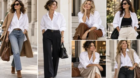 Camicia oversize dopo i 40 anni, gli errori da evitare per non sembrare più grosse Donne eleganti over 40 con camicia bianca oversize abbinata a jeans, pantaloni sartoriali e capi autunnali in diversi look