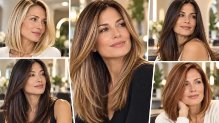 Capelli lisci dopo i 40 anni, come evitare che una piega troppo piatta indurisca il viso Cinque donne con capelli lisci di diverse lunghezze e tonalità, dal caschetto al taglio lungo scalato, con volume naturale e ciocche che incorniciano il viso.