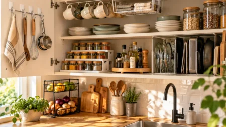Cucina piccola, come organizzare pensili e piano di lavoro senza creare disordine Cucina piccola organizzata con soluzioni salvaspazio per pensili, spezie, tazze, pentole e piano di lavoro
