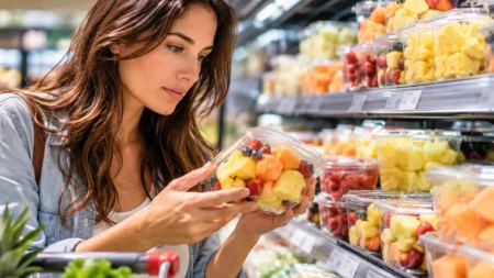 Frutta già tagliata al supermercato, quanto dura davvero una volta portata a casa Donna osserva una vaschetta di frutta già tagliata con ananas, melone e frutti di bosco davanti al banco refrigerato del supermercato.
