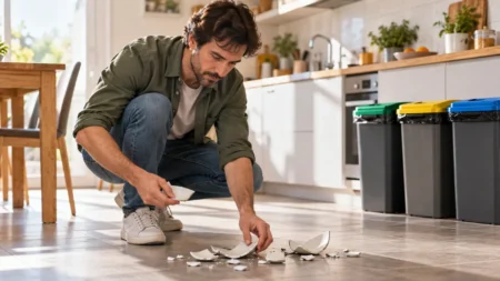 Dove si buttano piatti e tazze di ceramica rotti: l’errore che tutti commettono nella raccolta differenziata Uomo raccoglie i cocci di un piatto di ceramica rotto sul pavimento della cucina, accanto ai bidoncini della raccolta differenziata.