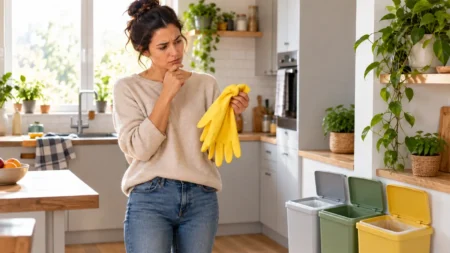 Dove si buttano i guanti per le pulizie, l’errore da evitare nella raccolta differenziata Donna in cucina osserva un paio di guanti gialli per le pulizie davanti ai bidoncini della raccolta differenziata.