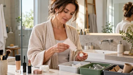 Dove si buttano i tubetti di crema, mascara e fondotinta? gli errori da evitare nella raccolta differenziata Donna in bagno mentre smaltisce un tubetto di crema tra i contenitori della raccolta differenziata, accanto a mascara, rossetto e fondotinta.
