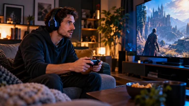 Perché le simulazioni digitali attirano sempre più curiosità tra grafica, tecnologia e intrattenimento Uomo di 30 anni gioca online con un controller davanti alla TV nel soggiorno di casa.