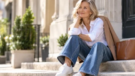 Jeans dopo i 60 anni, come scegliere forma e lunghezza senza rinunciare a un look contemporaneo Donna over 60 con jeans larghi, camicia bianca e blazer in un look casual elegante
