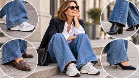 Scarpe con jeans larghi, quali forme funzionano meglio senza far trascinare l’orlo Donna over 50 con jeans wide leg abbinati a sneakers, mocassini, stivaletti e scarpe con tacco