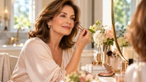 Donna di 60 anni con capelli castani che applica il blush davanti allo specchio, realizzando un make-up naturale e luminoso.