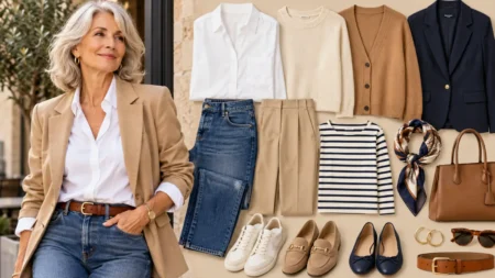 Look casual dopo i 60 anni: comode e curate senza rinunciare all’eleganza Donna over 60 con blazer, camicia bianca e jeans accanto a capi casual, scarpe e accessori coordinati