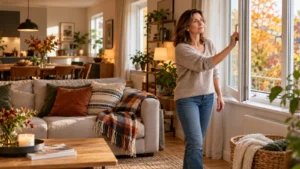La casa è pulita ma quando chiudi le finestre senti odore di chiuso: i punti che spesso dimentichiamo Donna apre la finestra di un soggiorno pulito in autunno per favorire il ricambio d’aria e ridurre l’odore di chiuso