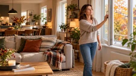 La casa è pulita ma quando chiudi le finestre senti odore di chiuso: i punti che spesso dimentichiamo Donna apre la finestra di un soggiorno pulito in autunno per favorire il ricambio d’aria e ridurre l’odore di chiuso