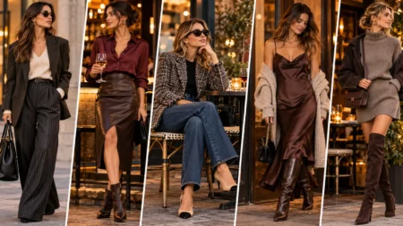 Cinque outfit da donna per un aperitivo autunnale con pantaloni sartoriali, gonna in pelle, jeans e blazer, slip dress e abito in maglia.