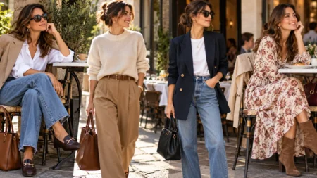 Outfit per un pranzo della domenica fuori casa, come essere curate senza esagerare Quattro donne con outfit per il pranzo della domenica: jeans e blazer, pantaloni morbidi, maglia elegante e abito midi floreale con stivaletti.