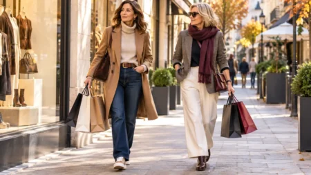 Come vestirsi per una giornata di shopping quando bisogna camminare molto Due donne fanno shopping in autunno indossando jeans e sneakers con cappotto cammello, pantaloni ampi con blazer e stivaletti bassi.